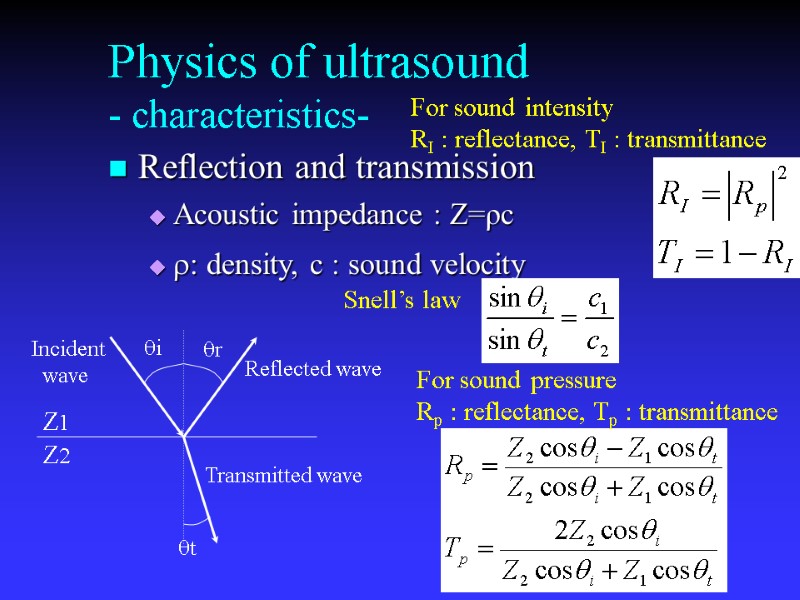 Physics of ultrasound - characteristics- Reflection and transmission Acoustic impedance : Z=ρc r: density,
